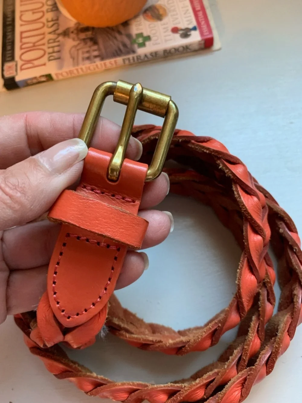 J Crew Braided Leather Belt in Burnt Orange with Brass Buckle